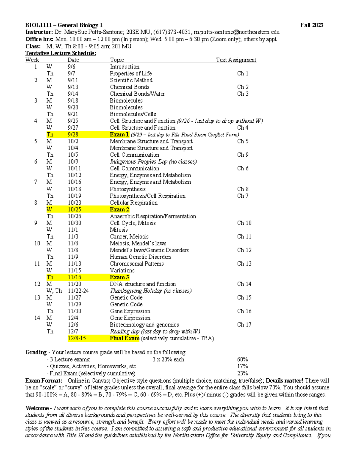 BIOL1111-FA23-1 - Syllabus Overview for General Biology 1 - Studocu
