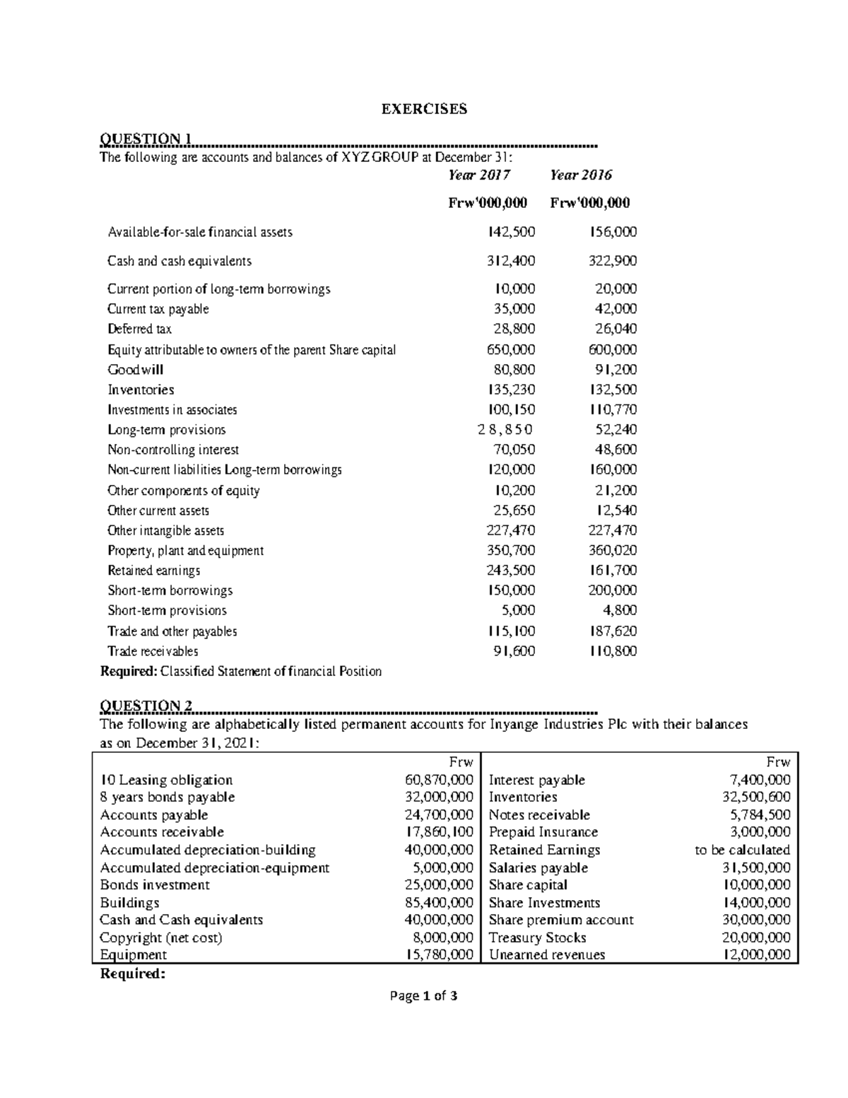 Exercises for Financial Position Analysis - ACCT 101 - Studocu