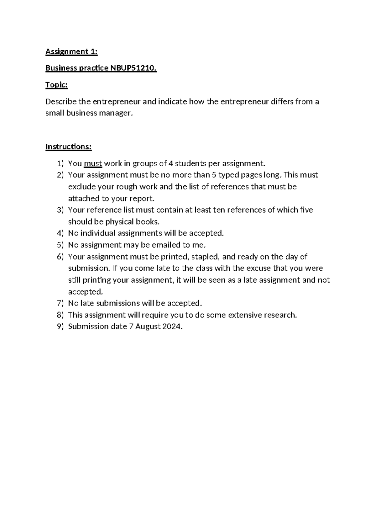 Assignment 1: Entrepreneur vs. Small Business Manager (NBUP51210) - Studocu