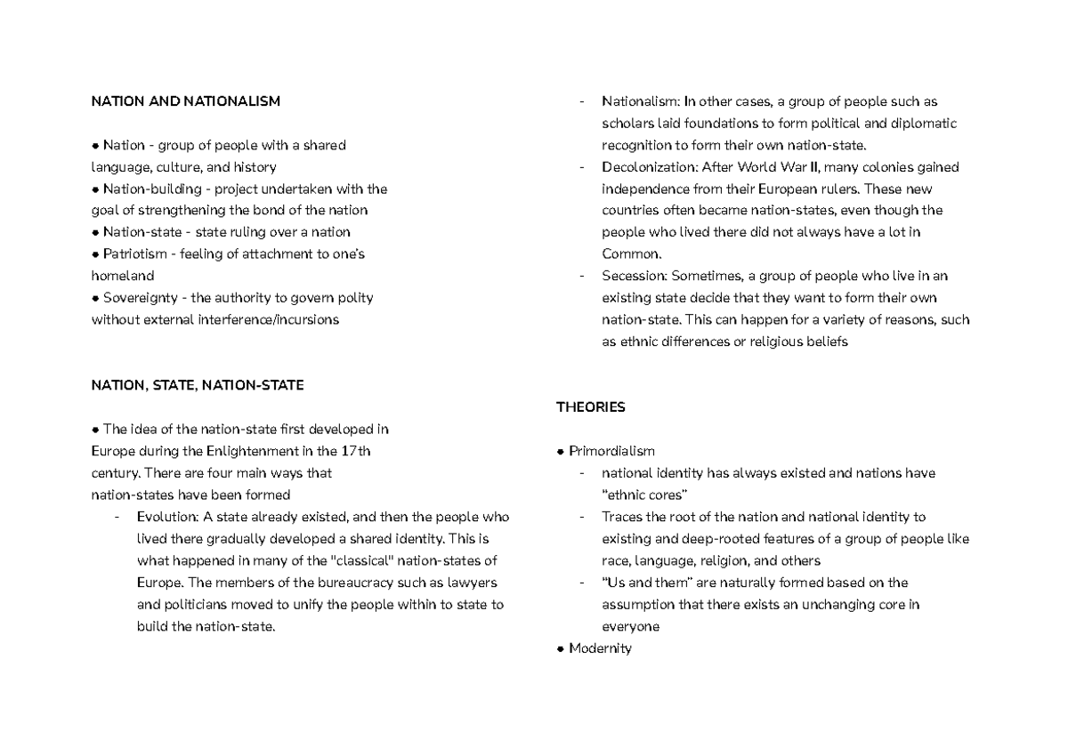 History 3 - Note 2: Understanding Nation and Nationalism - Studocu
