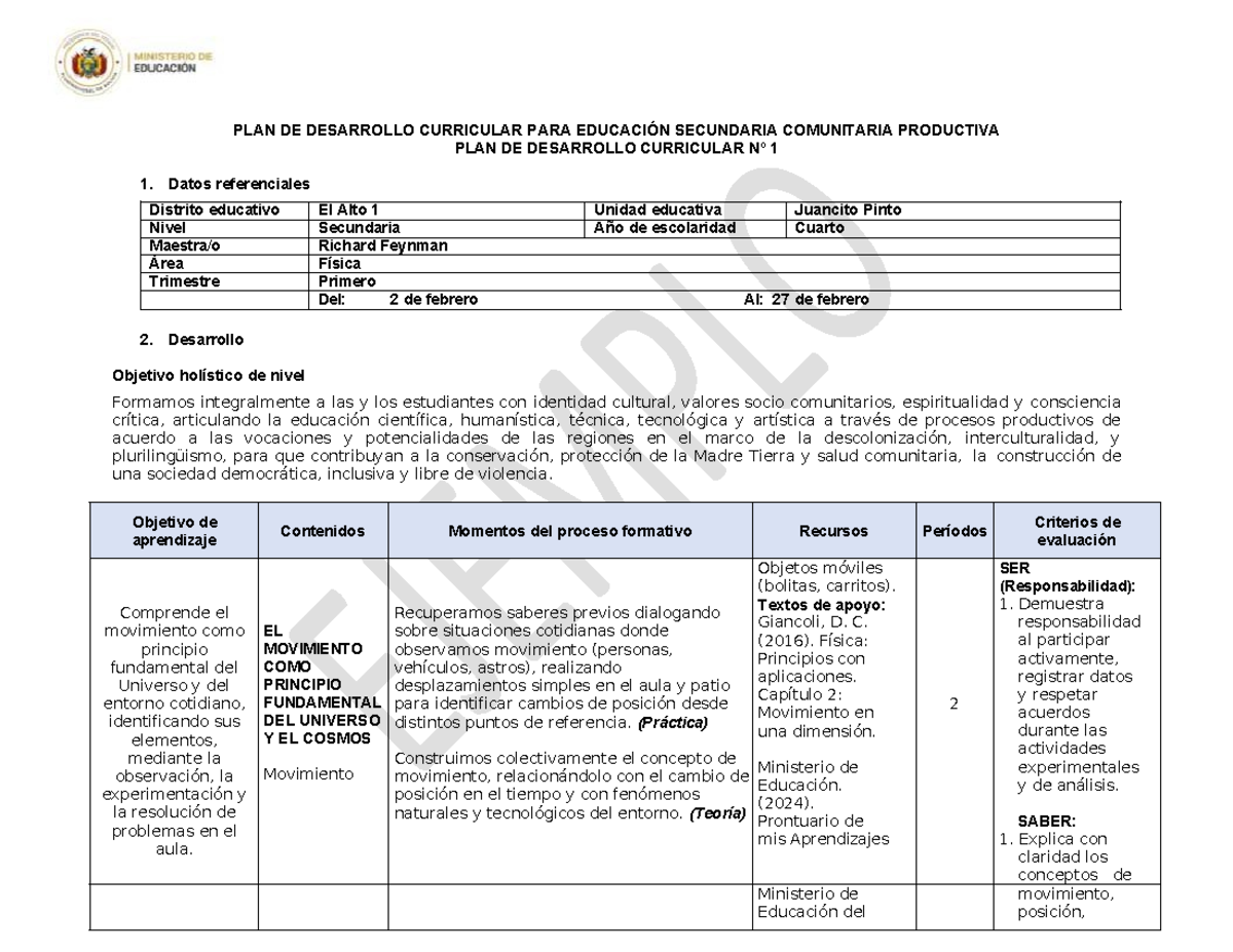 PLAN DE DESARROLLO CURRICULAR Nº 1: FÍSICA SECUNDARIA 1er TRIMESTRE ...