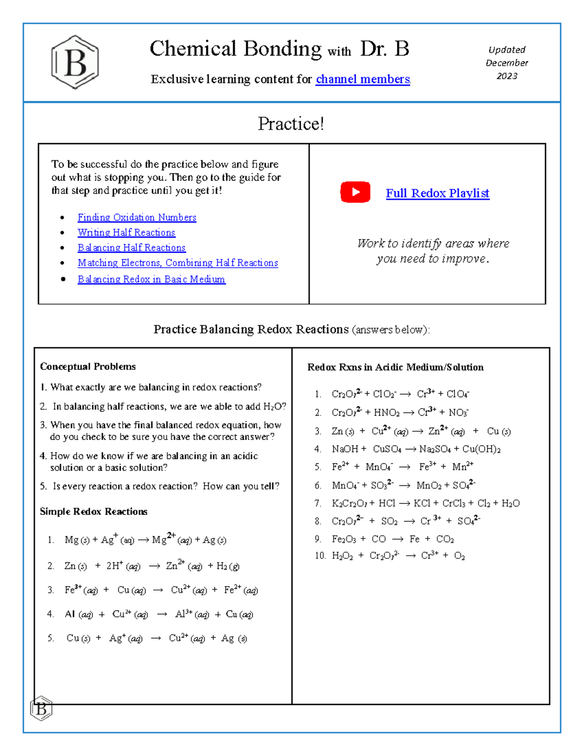 Redox Reactions Practice for CHEM 101: Balancing Techniques and ...