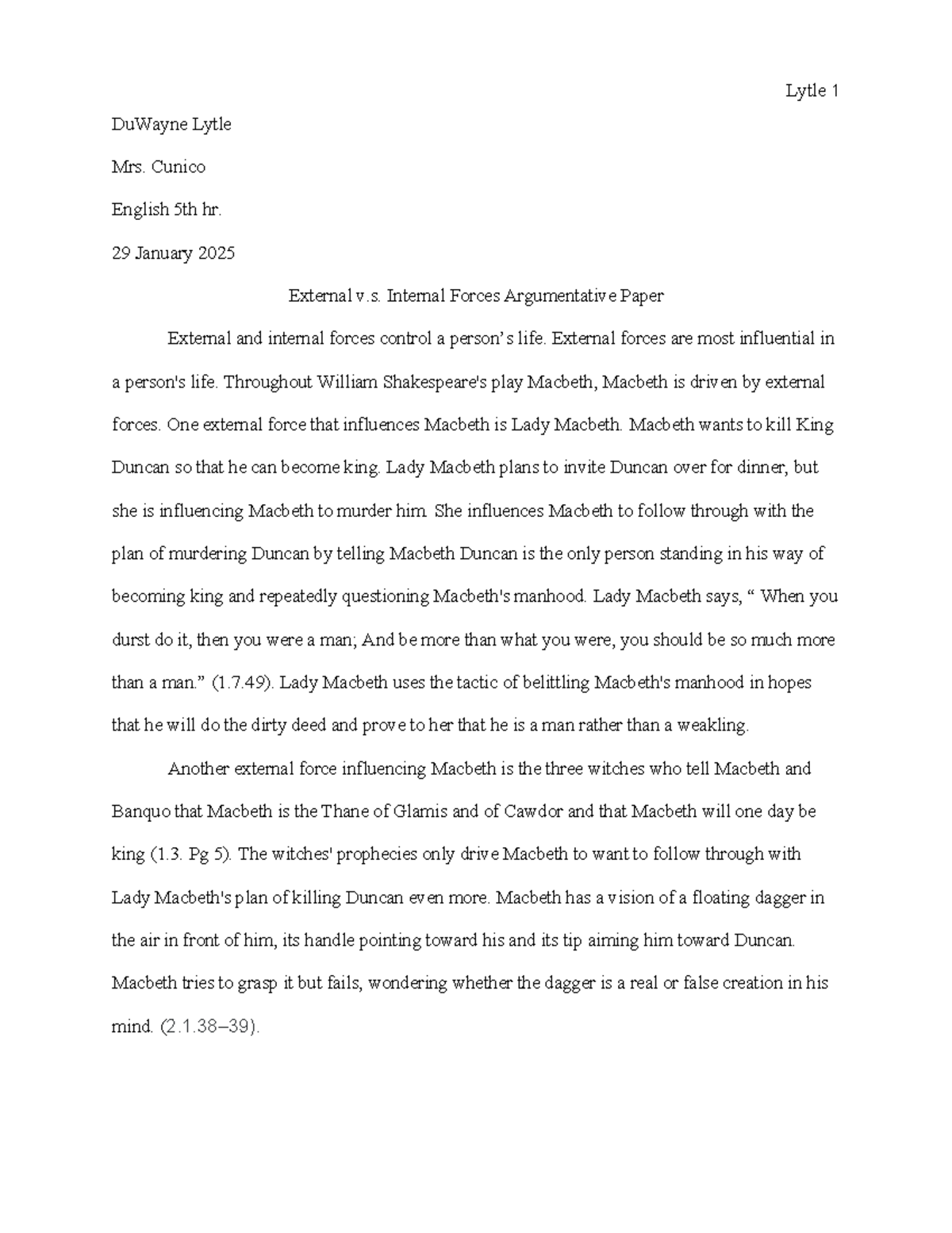 External v.s. Internal Forces Argumentative Paper - Lytle 1 DuWayne ...