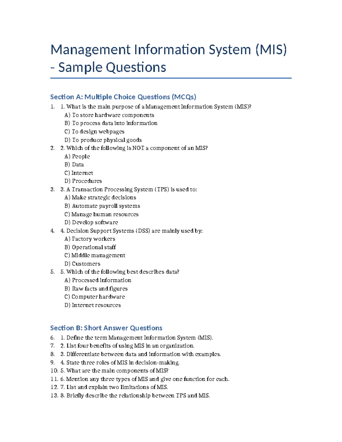 MIS Sample Questions for Diploma ICT: MCQs & Short Answers - Studocu