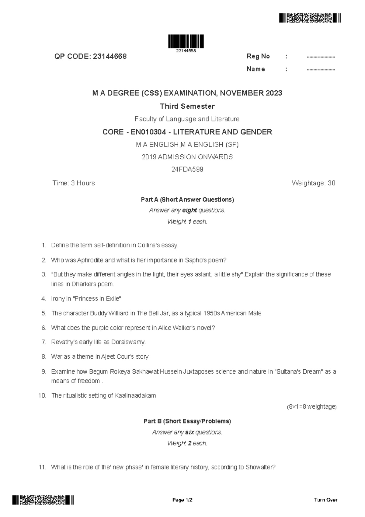 English 1 - Final Exam QP 23144668: Literature and Gender 2023 - Studocu