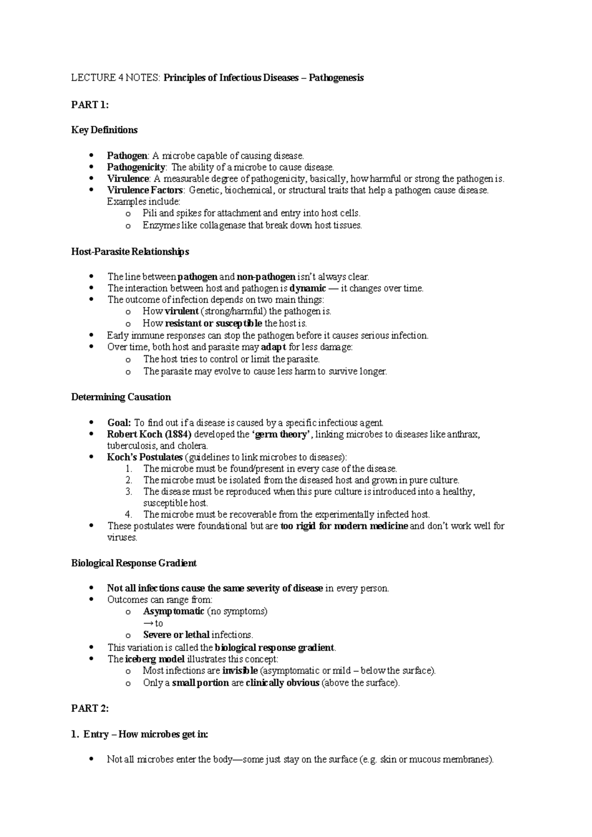 LECTURE 4 NOTES: Principles of Infectious Diseases Pathogenesis - Studocu