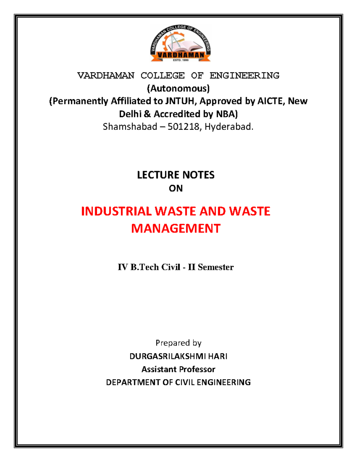 Industrial Waste & Management Lecture Notes - CIVIL IV B Semester - Studocu