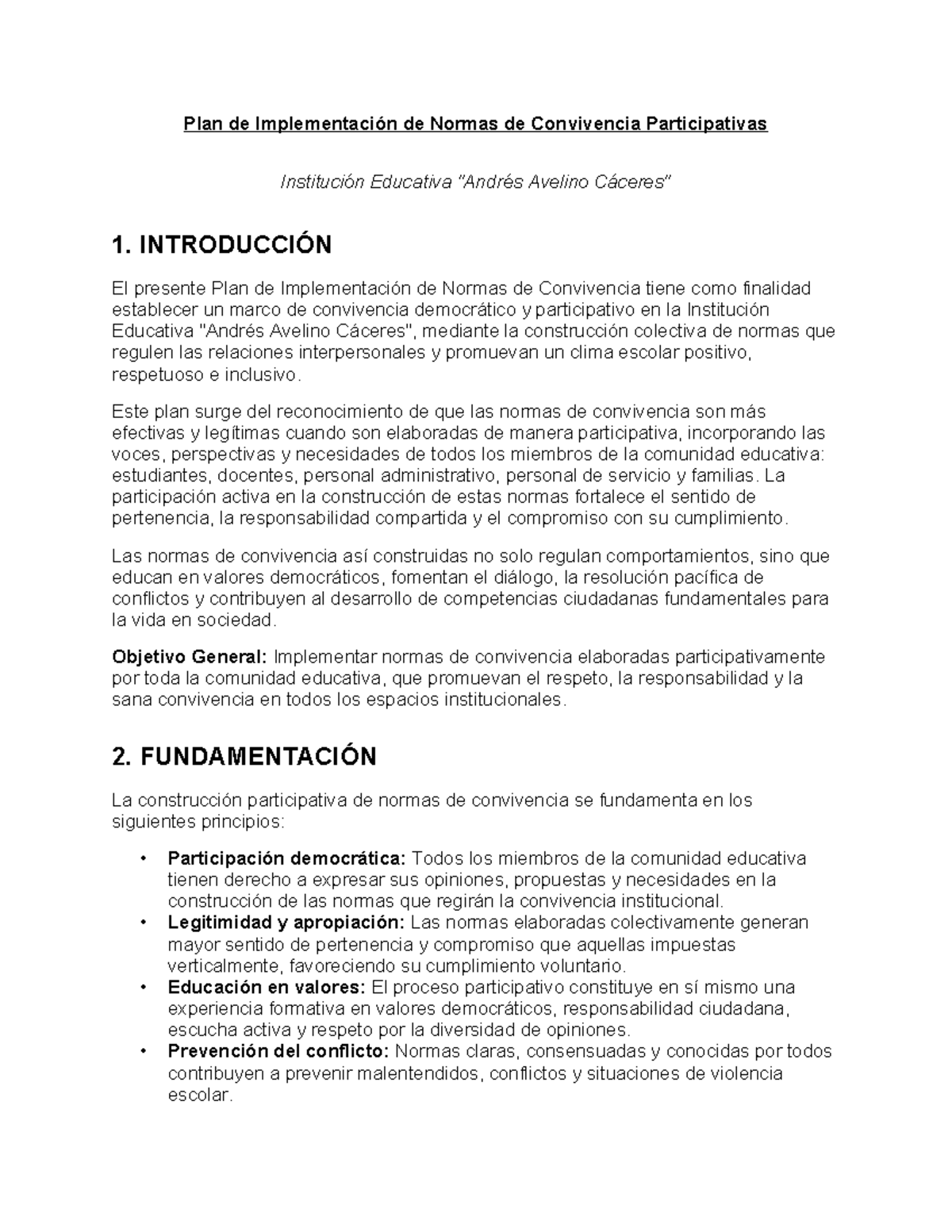 Plan de Implementación de Normas de Convivencia Participativas - IE ...