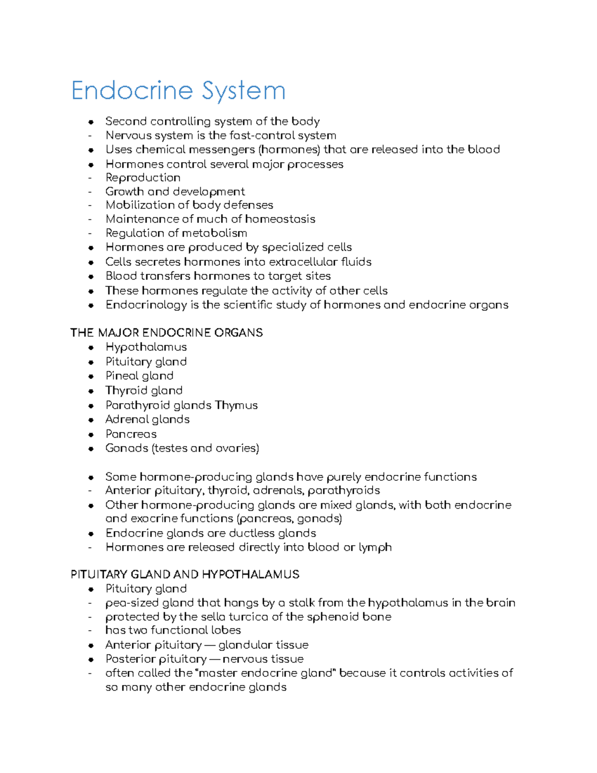 Endocrine System Overview: Hormones and Major Glands - Studocu