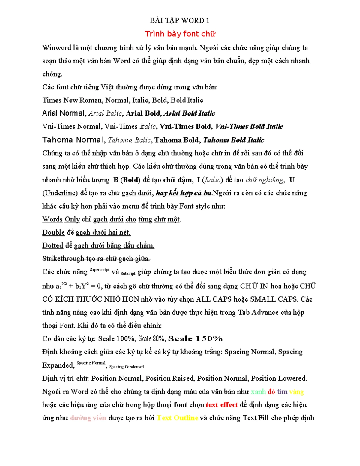 BÀI TẬP WORD 1: Hướng Dẫn Định Dạng Font Chữ Trong Winword - Studocu