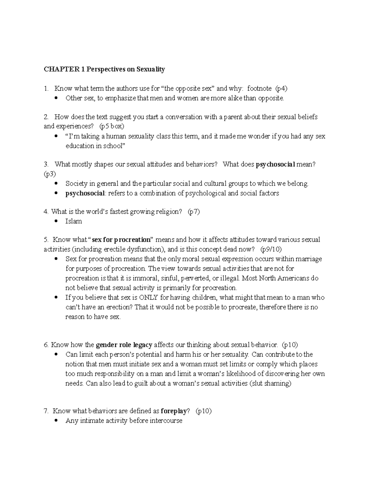 Exam 1 Study Guide: Chapters 1-3 Overview on Sexuality Perspectives ...