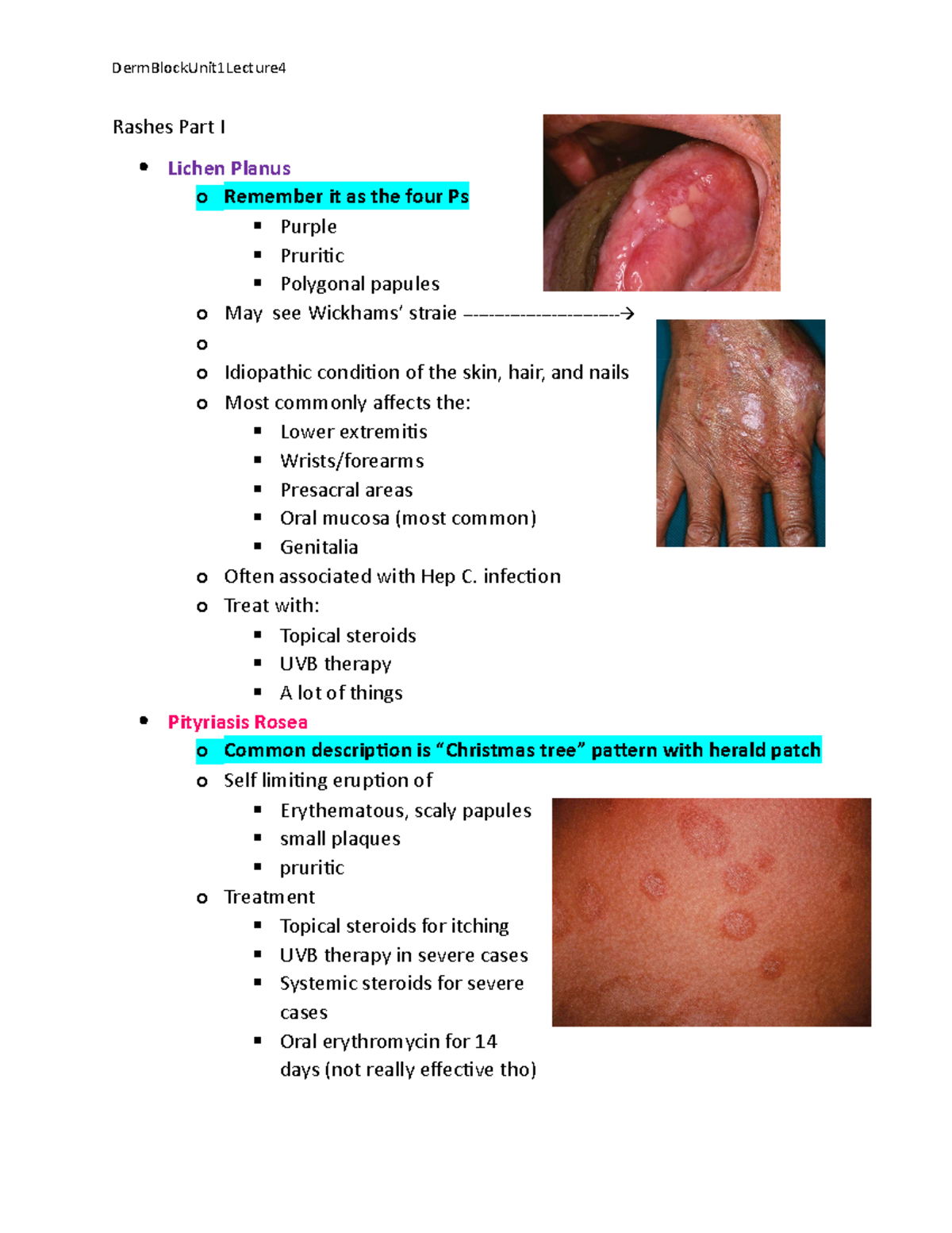 Unit1Lecture 4Rashes Part I - Rashes Part I Lichen Planus o Remember it ...