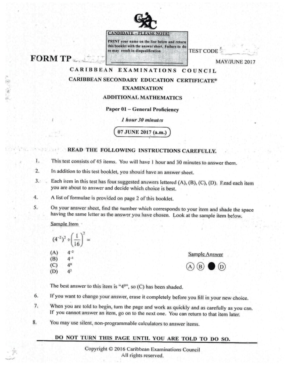 CSEC Additional Mathematics Paper 01 - May/June 2017 (Form TP) - Studocu
