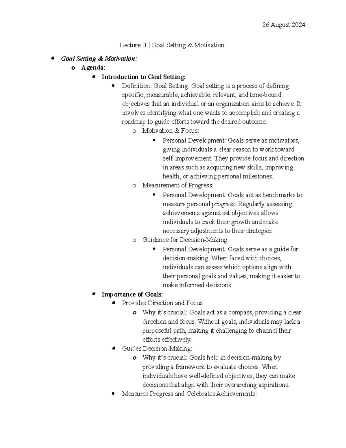 Lecture II - Goal Setting & Motivation: Strategies for Success - Studocu