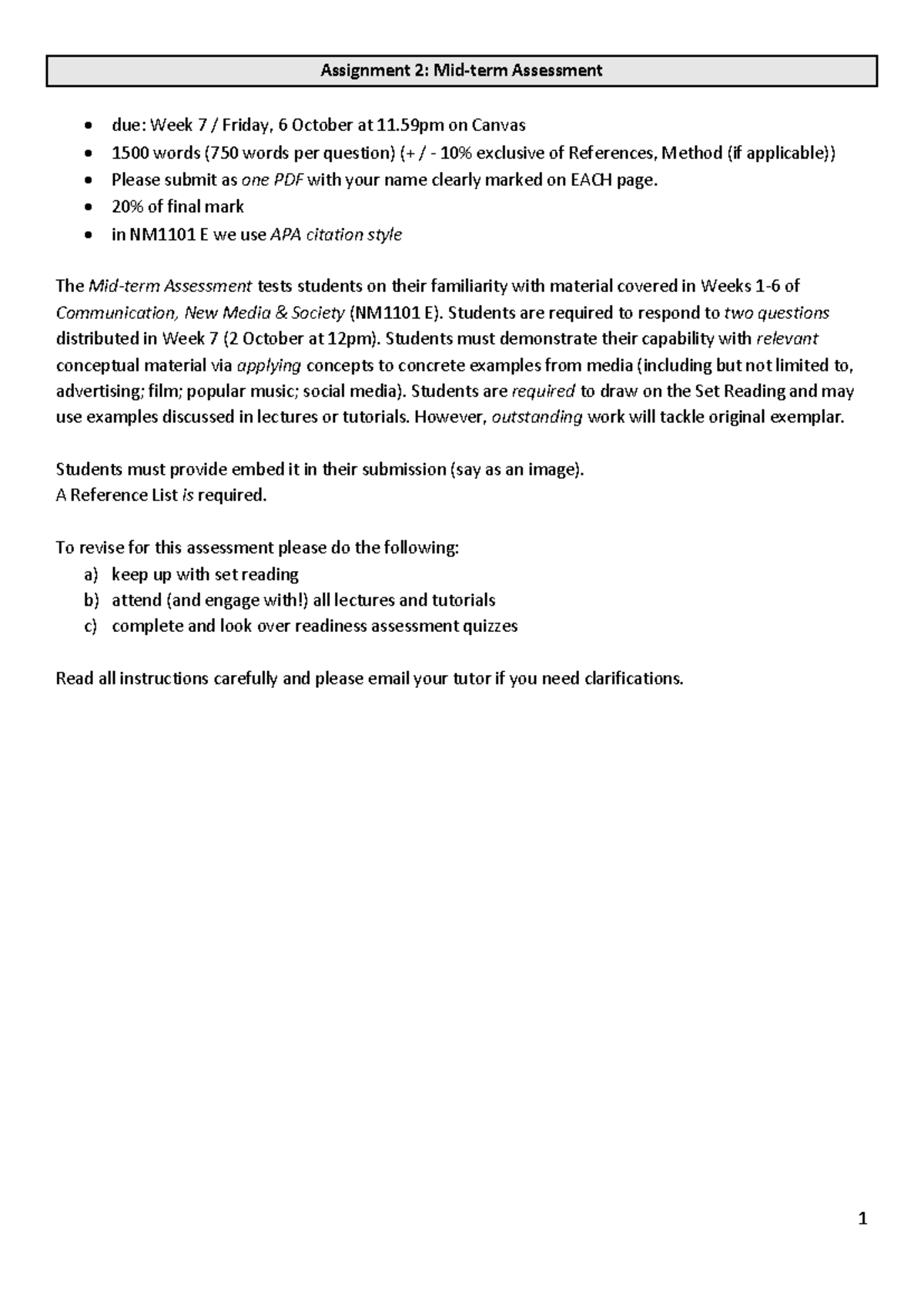 Mid-term assessment 2023 - Assignment 2: Mid-term Assessment due: Week ...