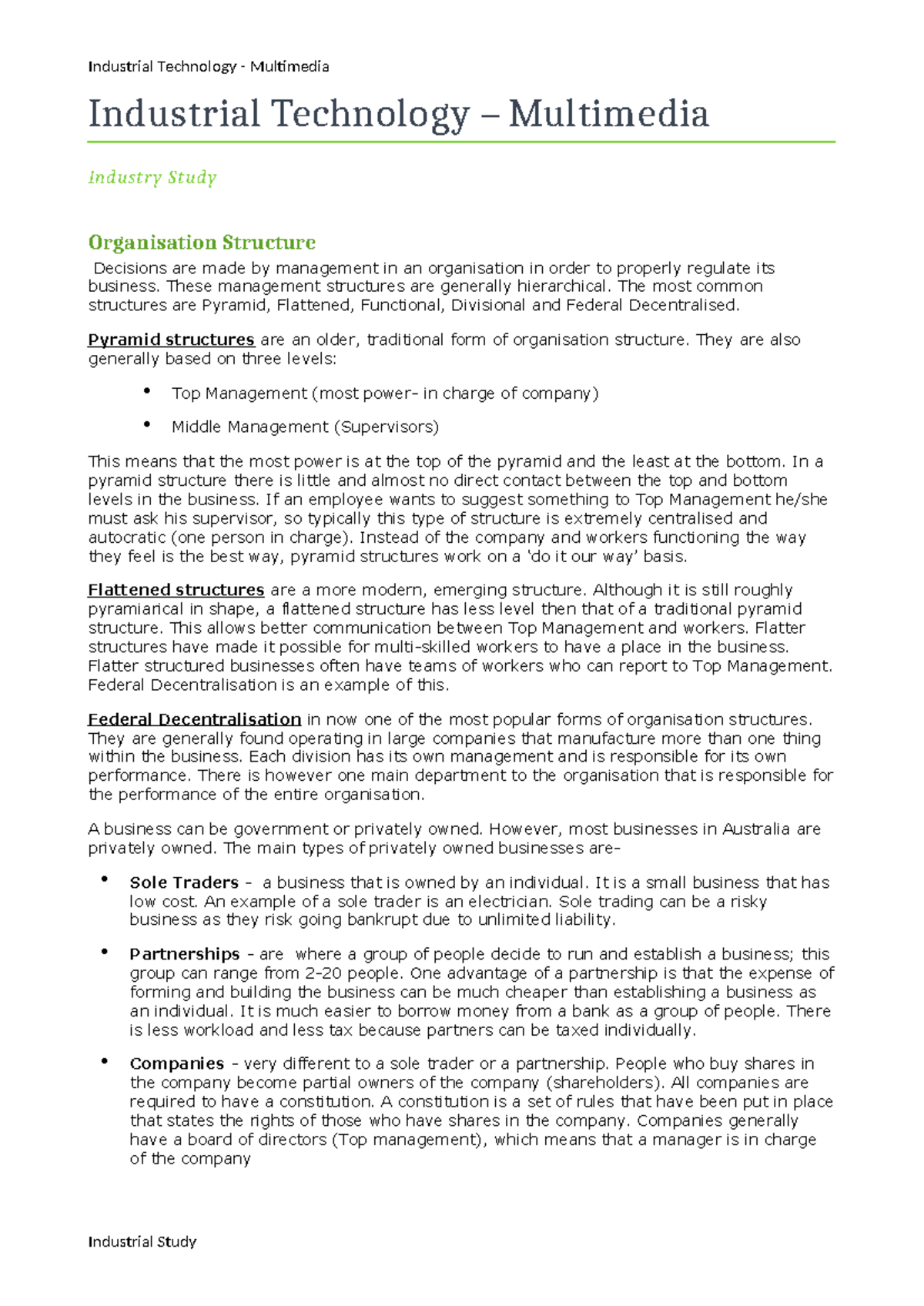 Industrial Technology Multimedia: Organisational Structures ...