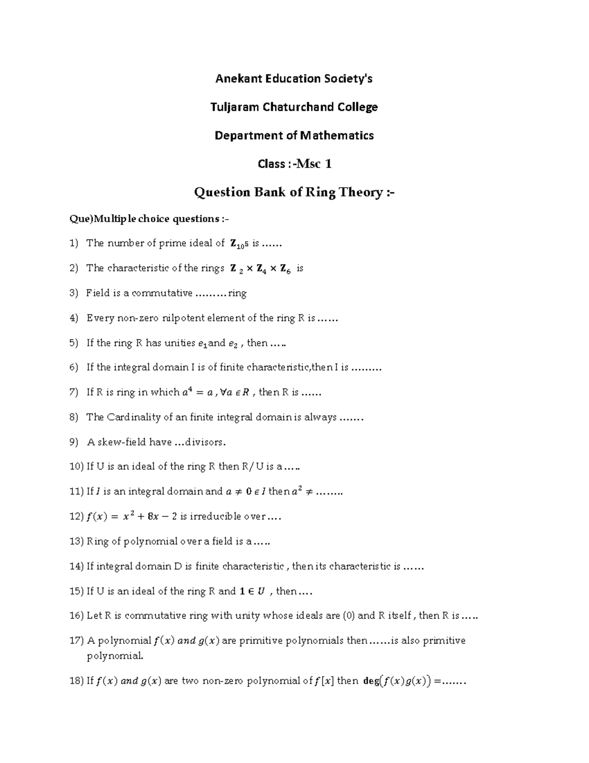 Ring Theory MCQs Practice Material for Msc 1 Students - Studocu