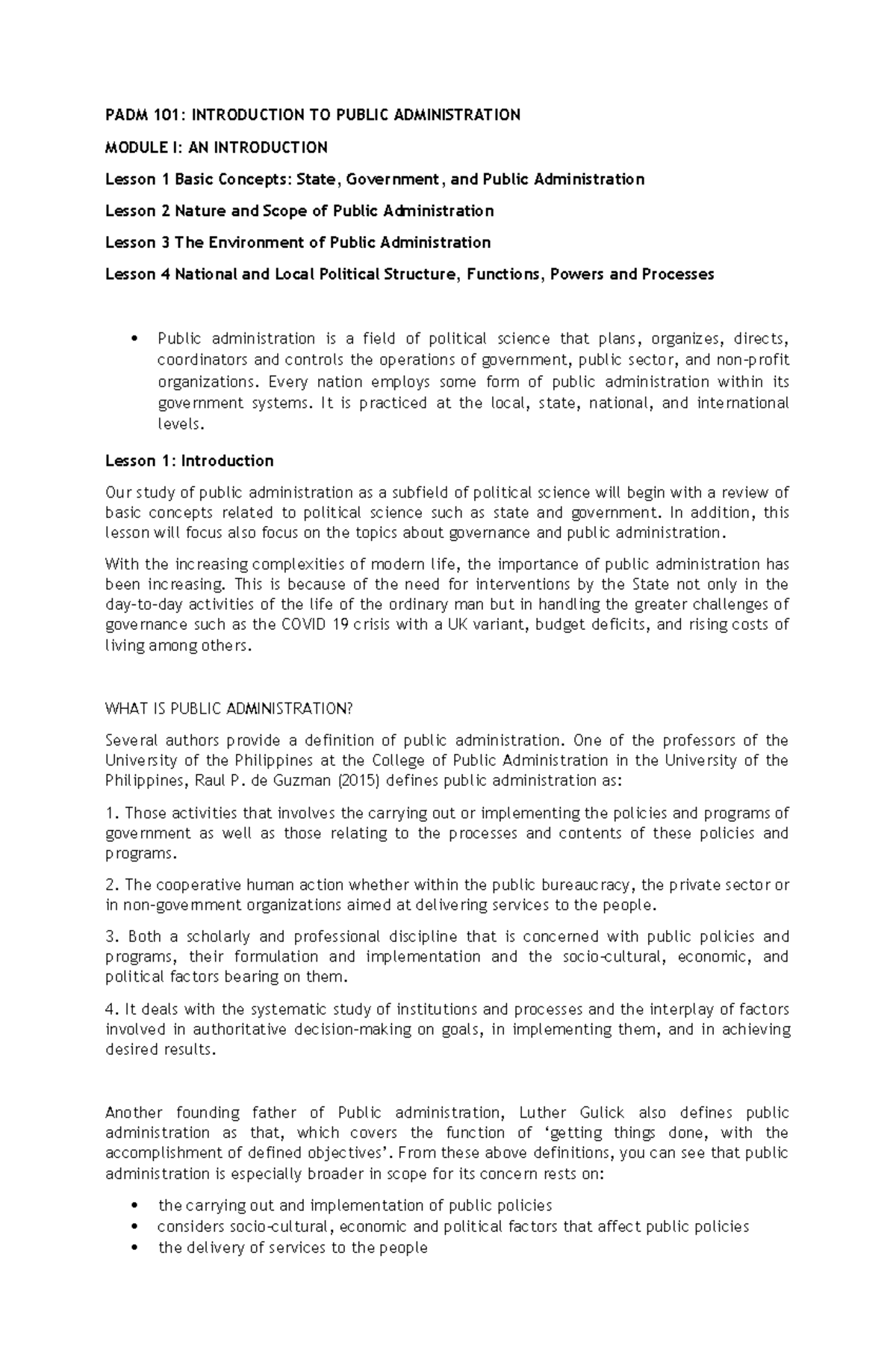 PADM 101: Reviewer for Intro to Public Administration Modules - Studocu