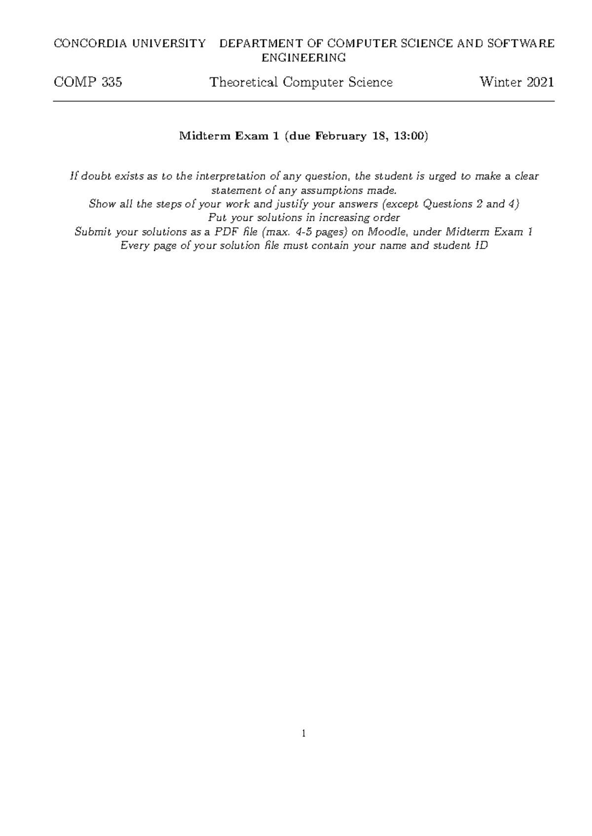 Midterm Exam-1 - CONCORDIA UNIVERSITY DEPARTMENT OF COMPUTER SCIENCE ...