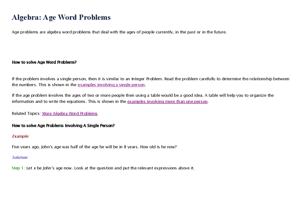 Ilide - It will help you. - Algebra: Age Word Problems Age problems are ...