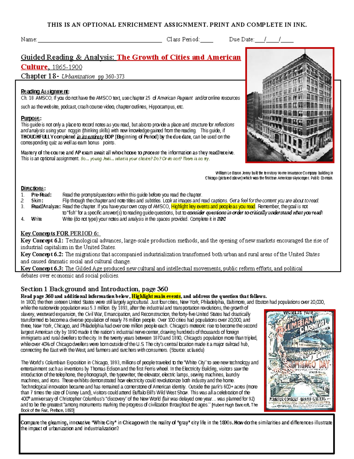 Lindsay Matute - APUSH Chapter 18 Study Guide: Urbanization and Culture ...