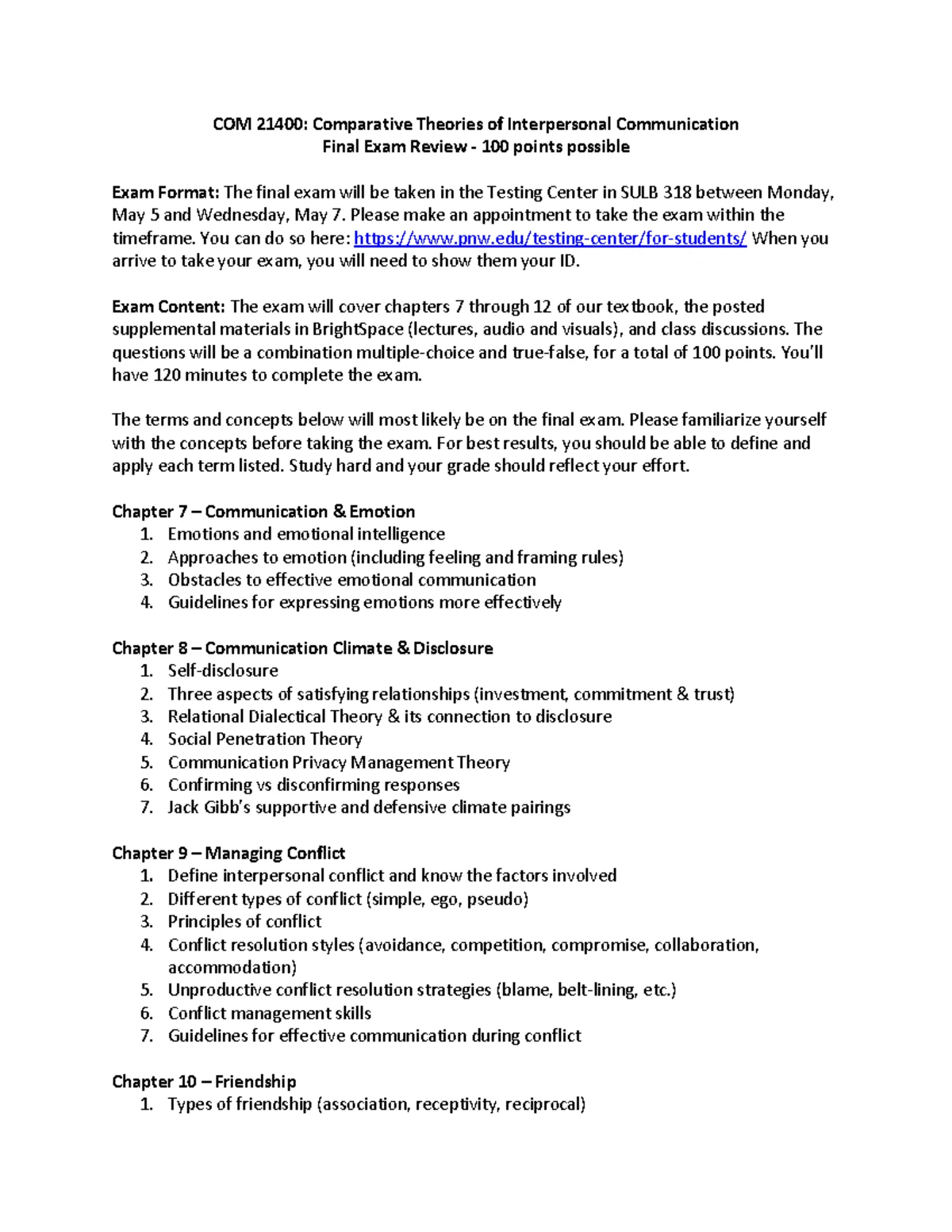 Final Exam Study Guide: COM 21400 Interpersonal Communication - Studocu