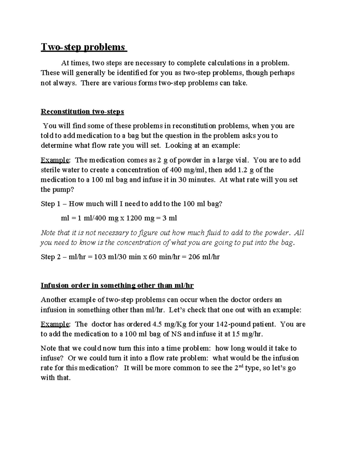 Two-Step Problems Explained: Calculations in Medications - Studocu
