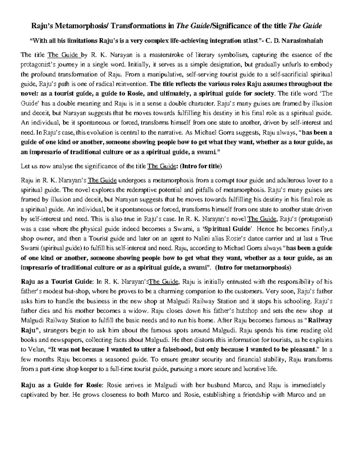 Raju's Metamorphosis: Transformations in R. K. Narayan's The Guide ...