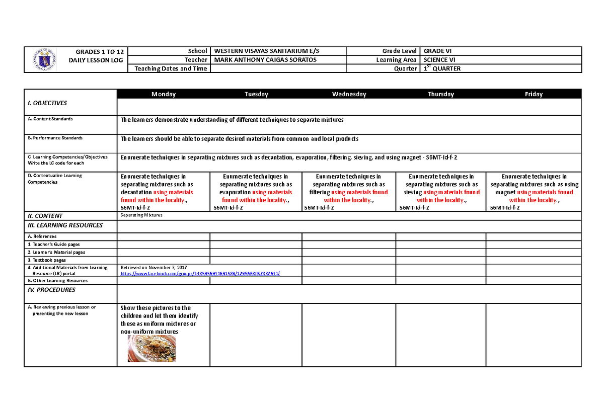Contextualized dll in science 6 1st quarter - GRADES 1 TO 12 DAILY ...