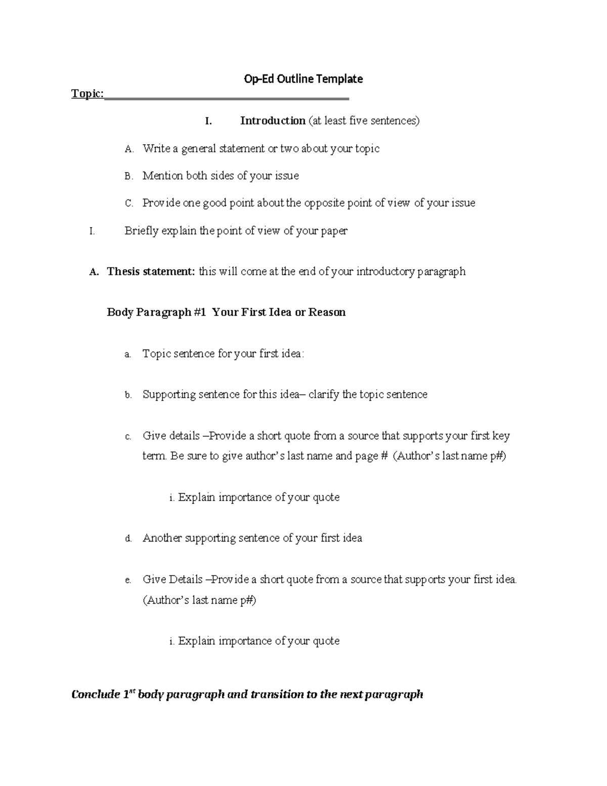 Op-Ed Outline - Introduction (at least five sentences) A. Write a ...