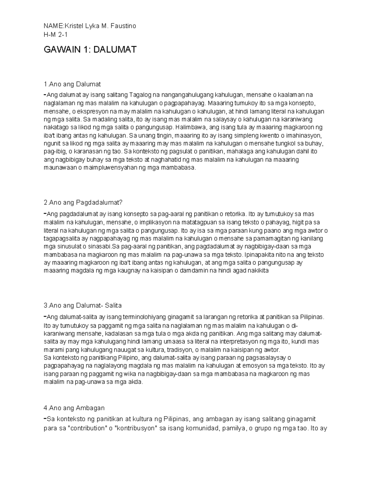 Gawain 1: Dalumat - NAME:Kristel Lyka M. Faustino H-M 2- GAWAIN 1 ...
