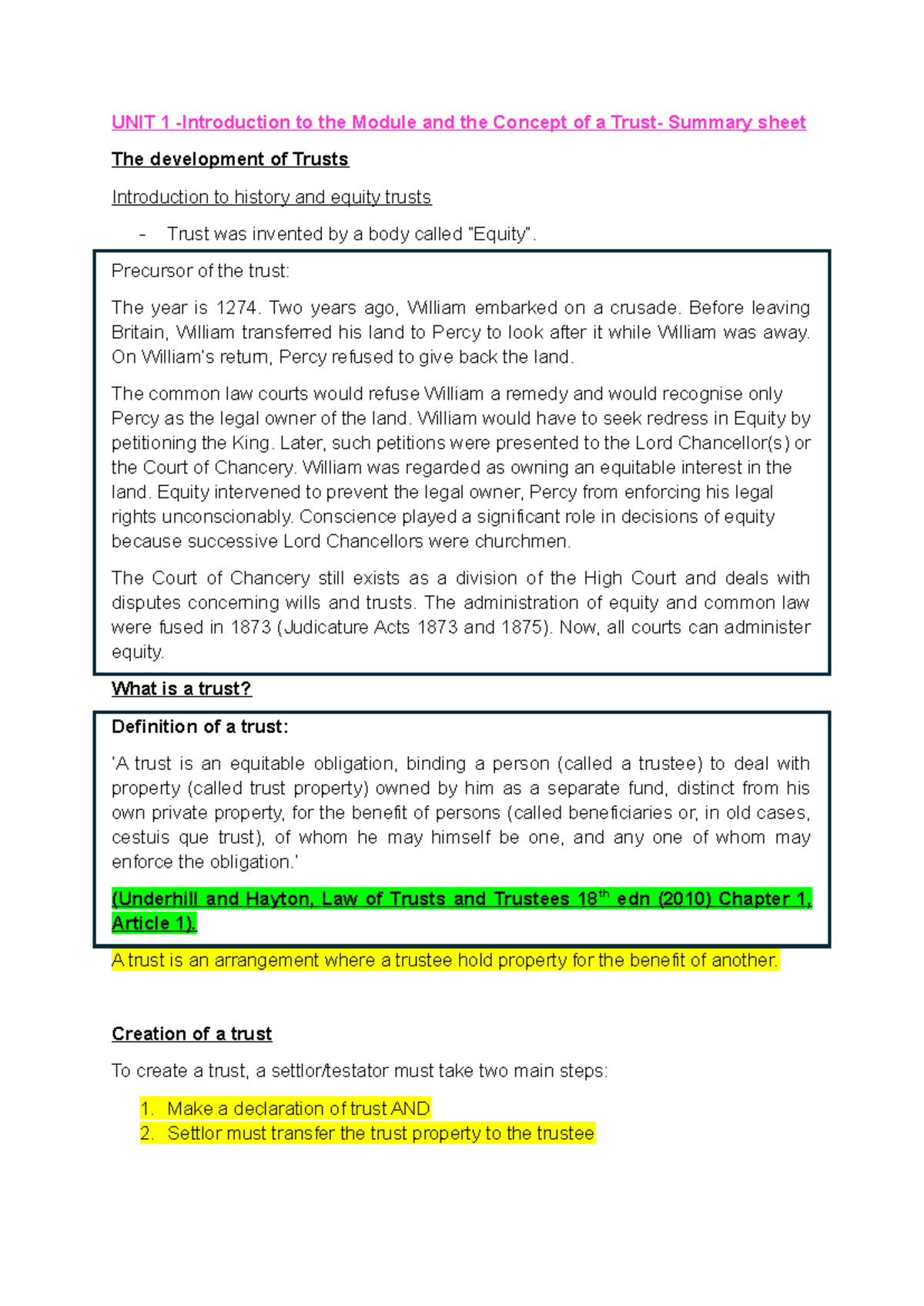 Trusts and Equity: Summary Sheet for Module 1 - Studocu