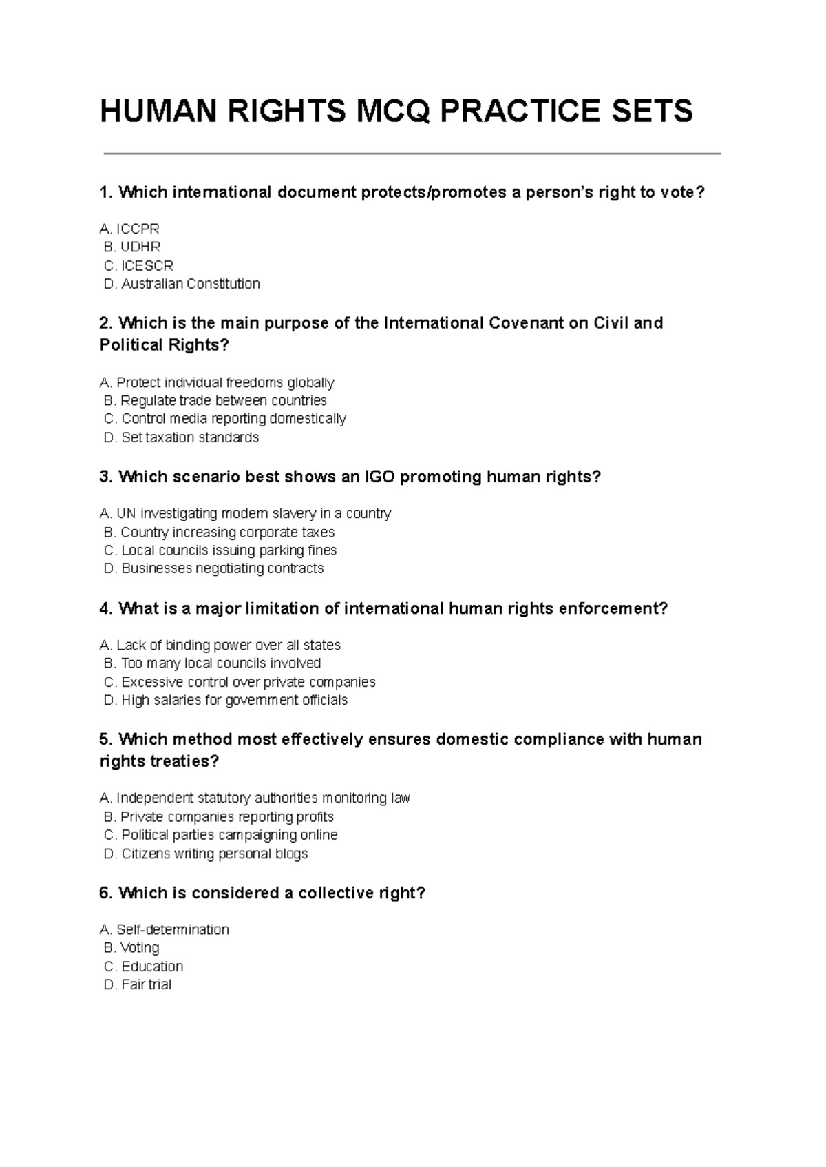 HUMAN RIGHTS MCQ PRACTICE SETS: Comprehensive Review for Exam - Studocu