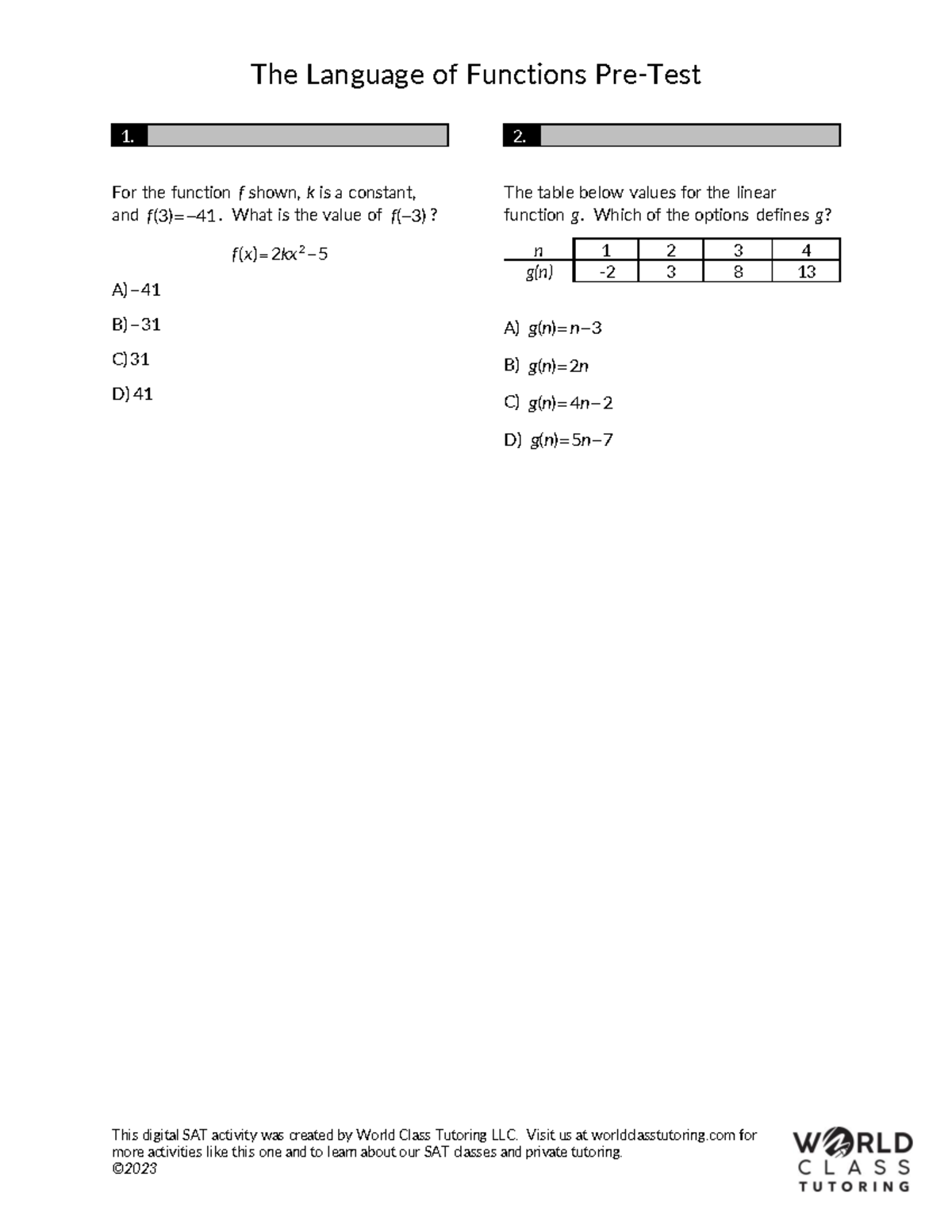 Functions Pre-Test - This digital SAT activity was created by World ...