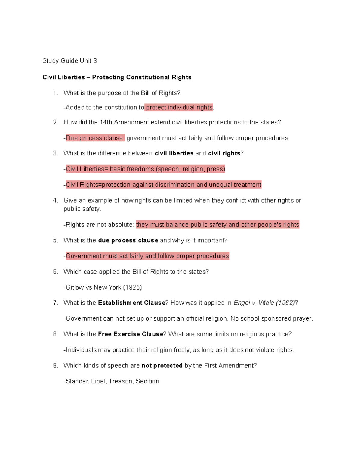 Unit 3 Study Guide: Civil Liberties & Political Rights Overview - Studocu