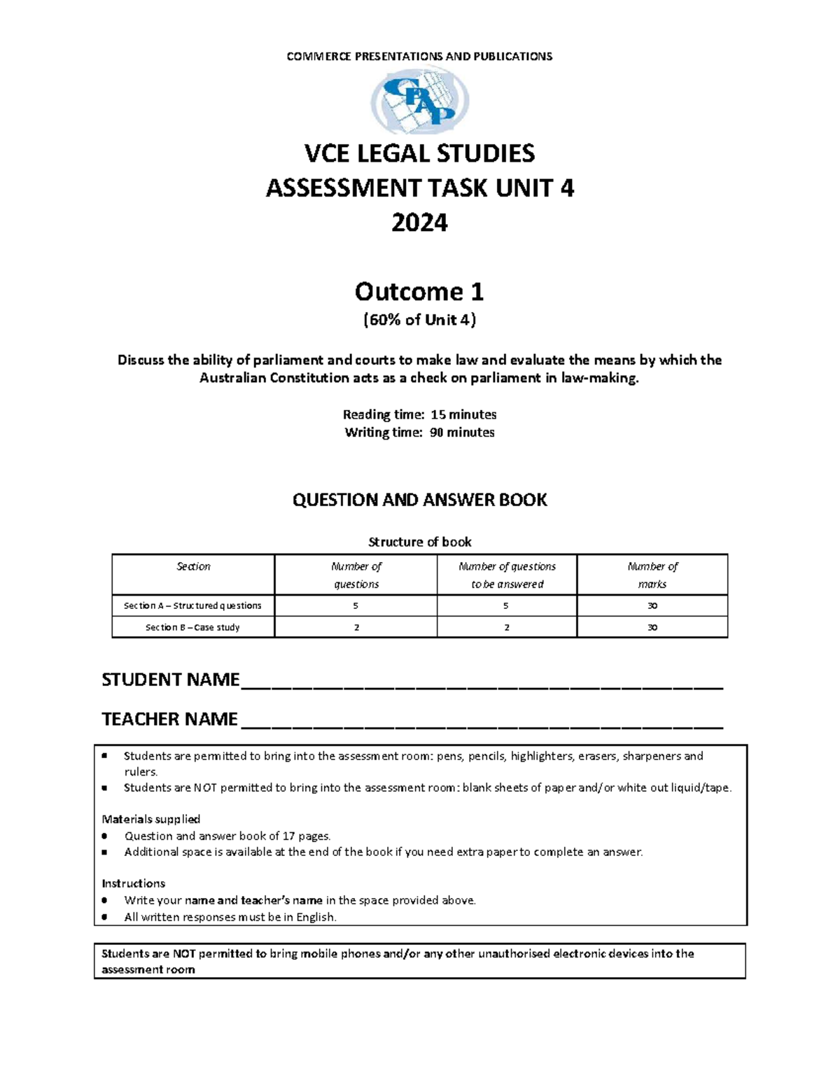 CPAP LS Unit 4 Outcome 1 2024 Legal Studies Assessment Task Q&A Book ...