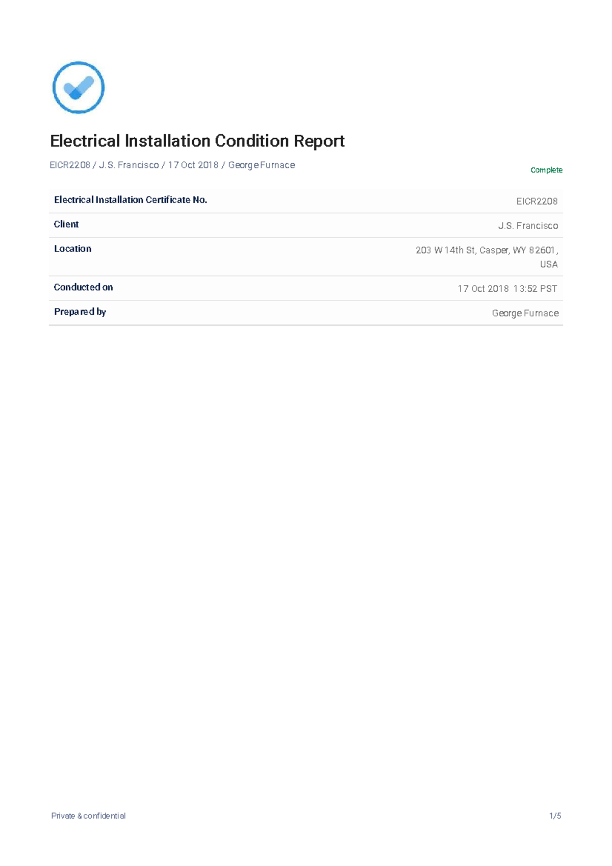 Electrical Installation Condition Sample Report - Electrical ...