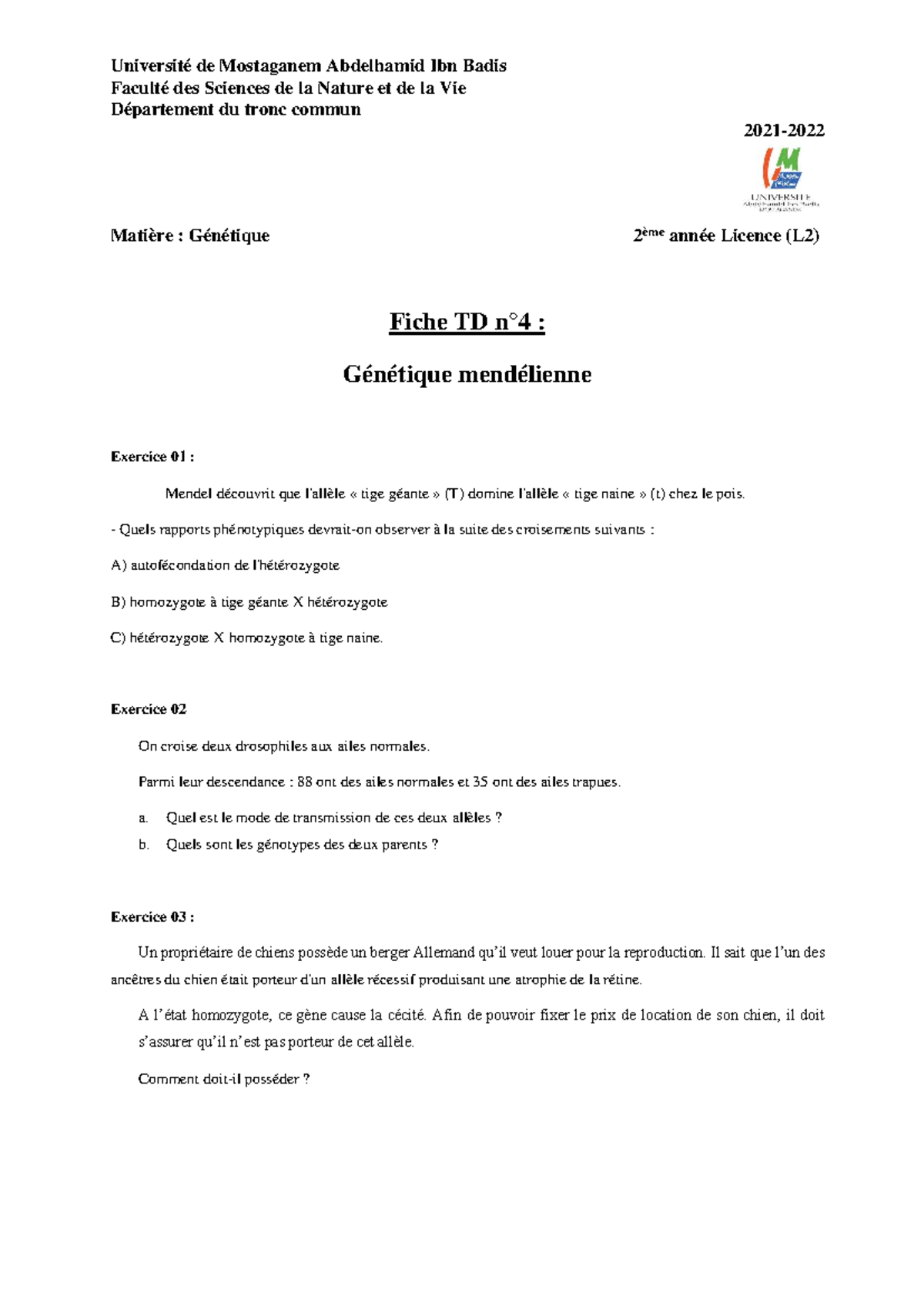 TD4 L2 Génétique - Exercice sur Mendel et Transmission des Allèles ...