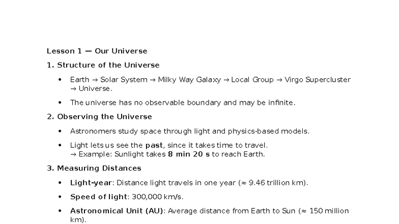 Lesson 1: Exploring Our Universe - Structure, Motion & Expansion - Studocu