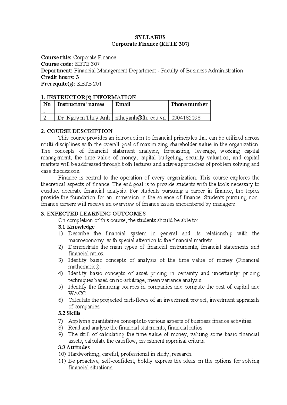 Syllabus for Corporate Finance (KETE 307) - Course Overview and Details ...