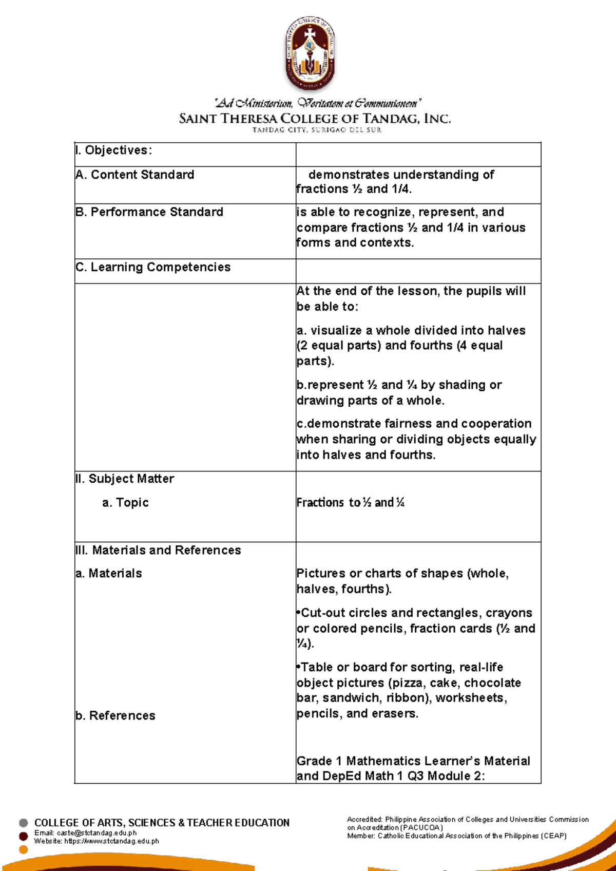 Grade 1 Math Lesson: Understanding Fractions ½ and ¼ - Studocu