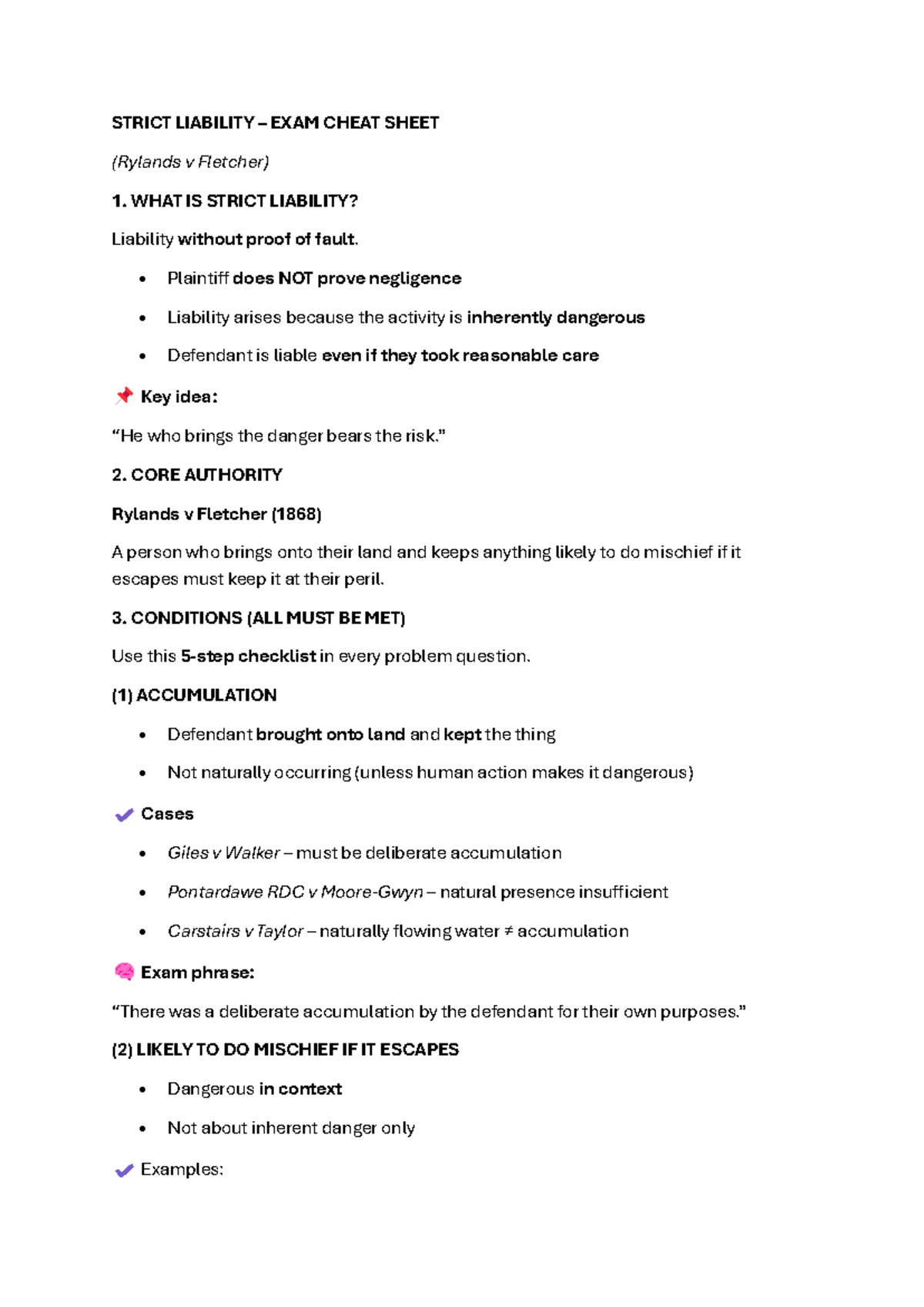 Strict Liability Exam Cheat Sheet (Rylands v Fletcher) - Studocu