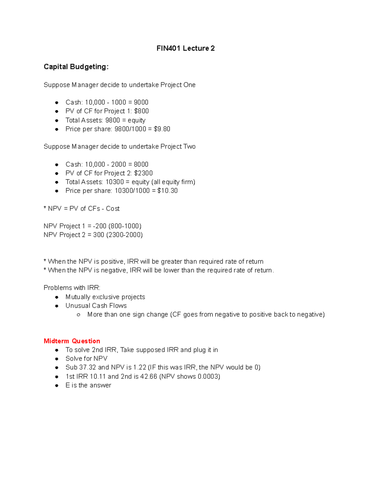 FIN401 Lecture 2: Capital Budgeting & NPV Analysis - Studocu