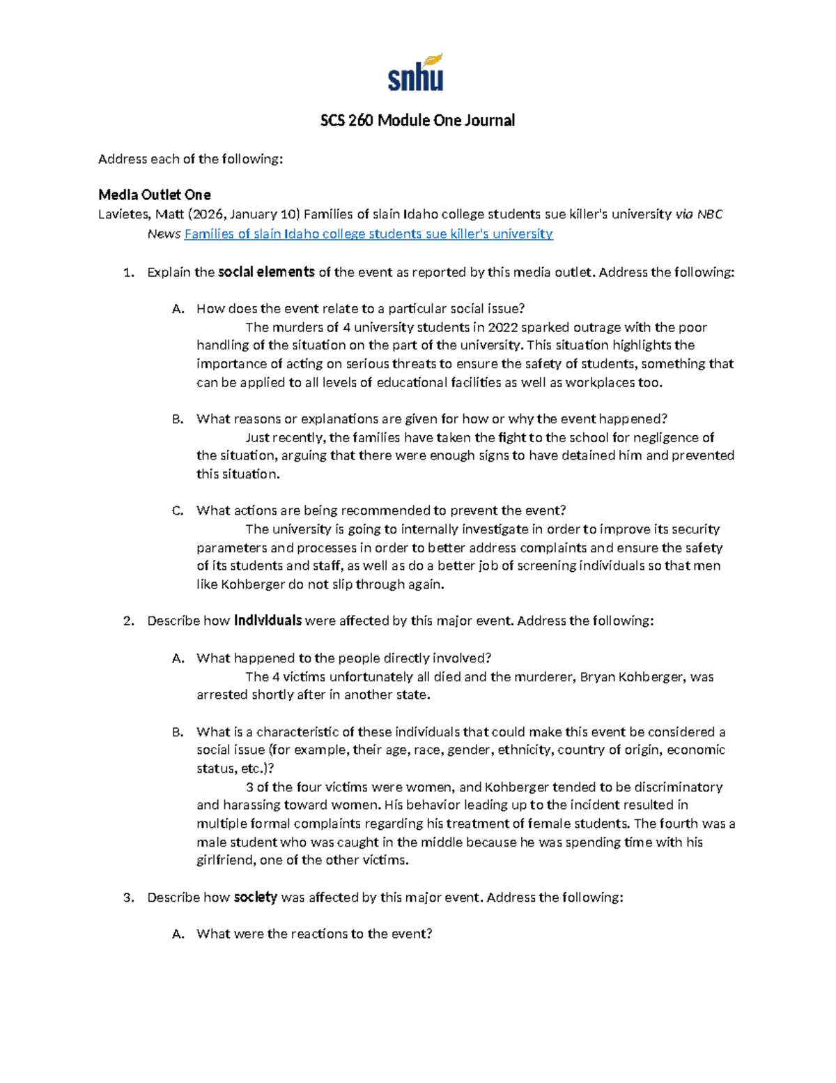 SCS 260 Module One Journal: Analyzing Media Coverage of Idaho Student ...