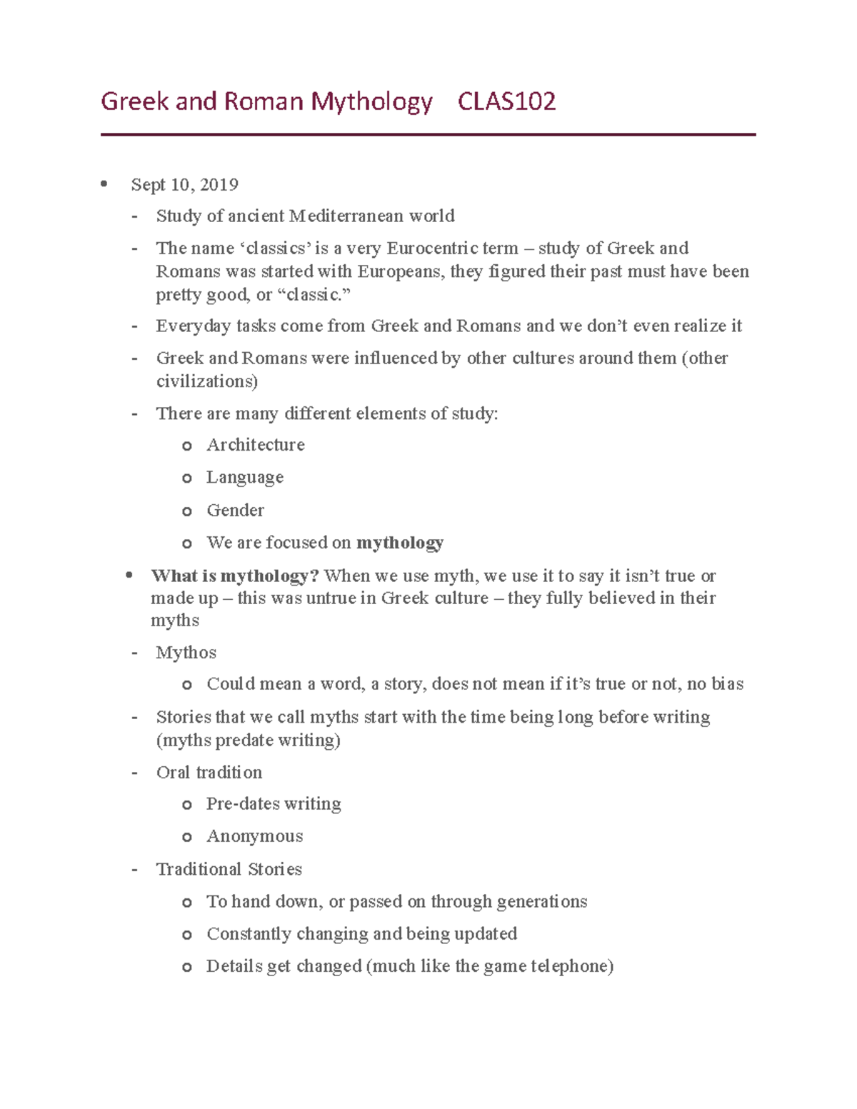 Greek and Roman Mythology Overview - Lecture Notes CLAS102 - Studocu