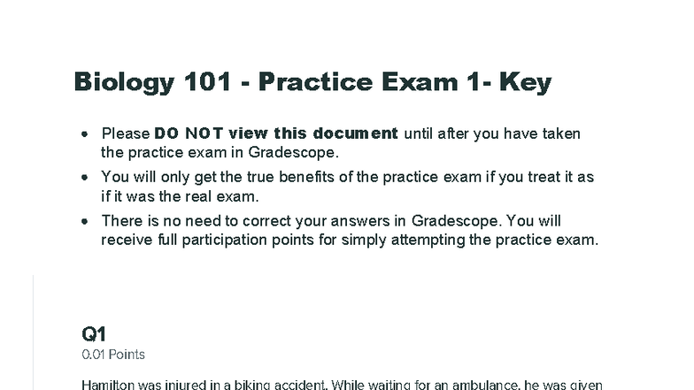Biology 101 Exam 1 Practice Key - Study Guide Answers - Studocu