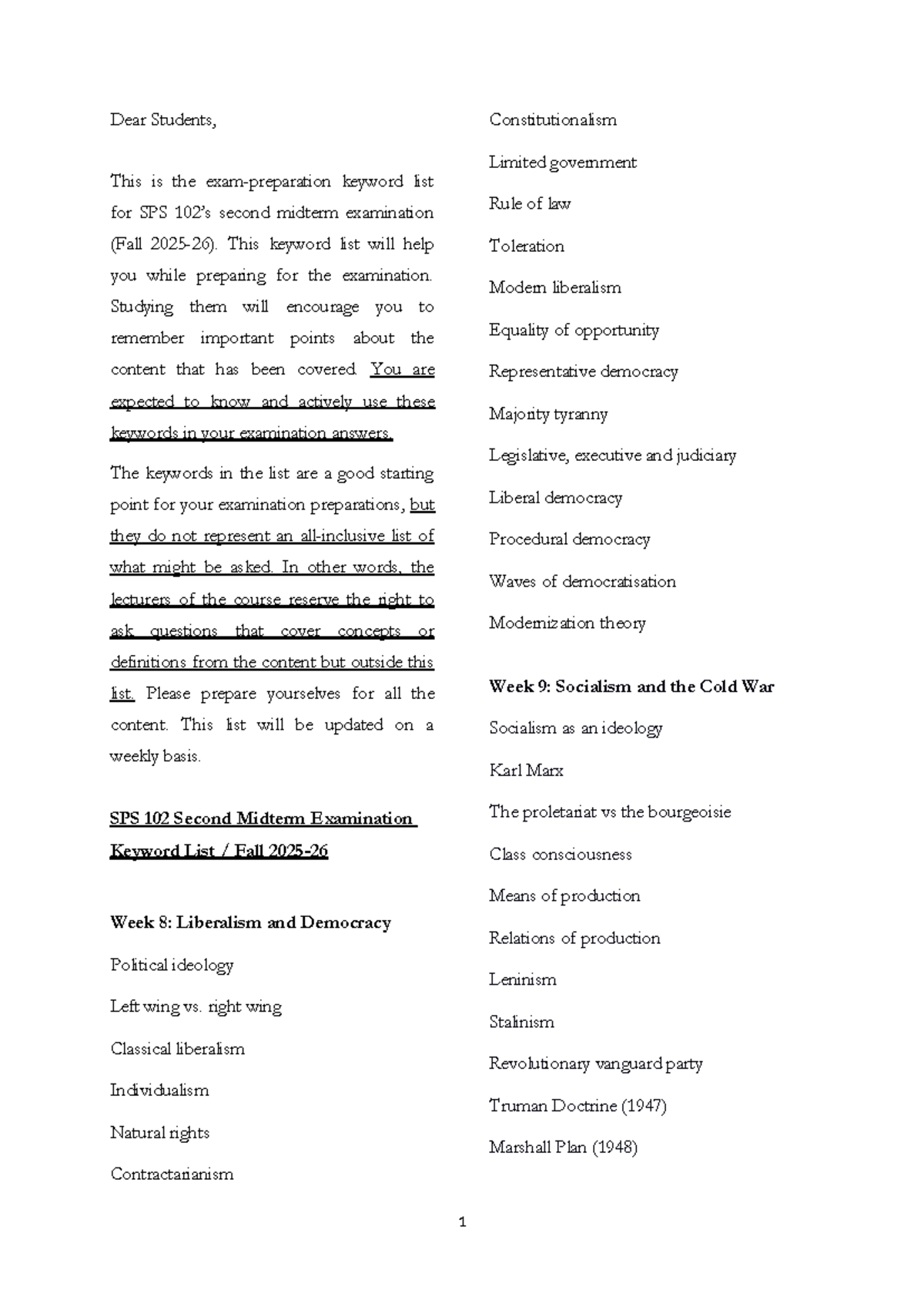 SPS 102 Midterm Exam II Keyword Study Sheet (Fall 2025-26) - Studocu