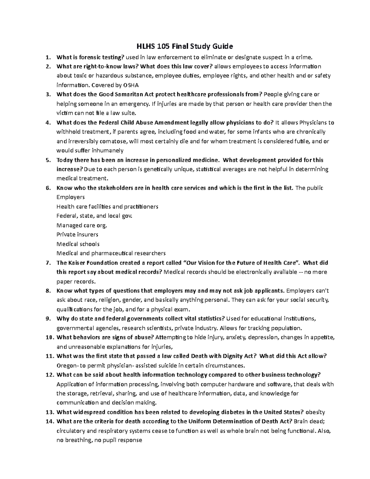HLHS 105 Statewide Final Exam Study Guide: Key Concepts & Terms - Studocu