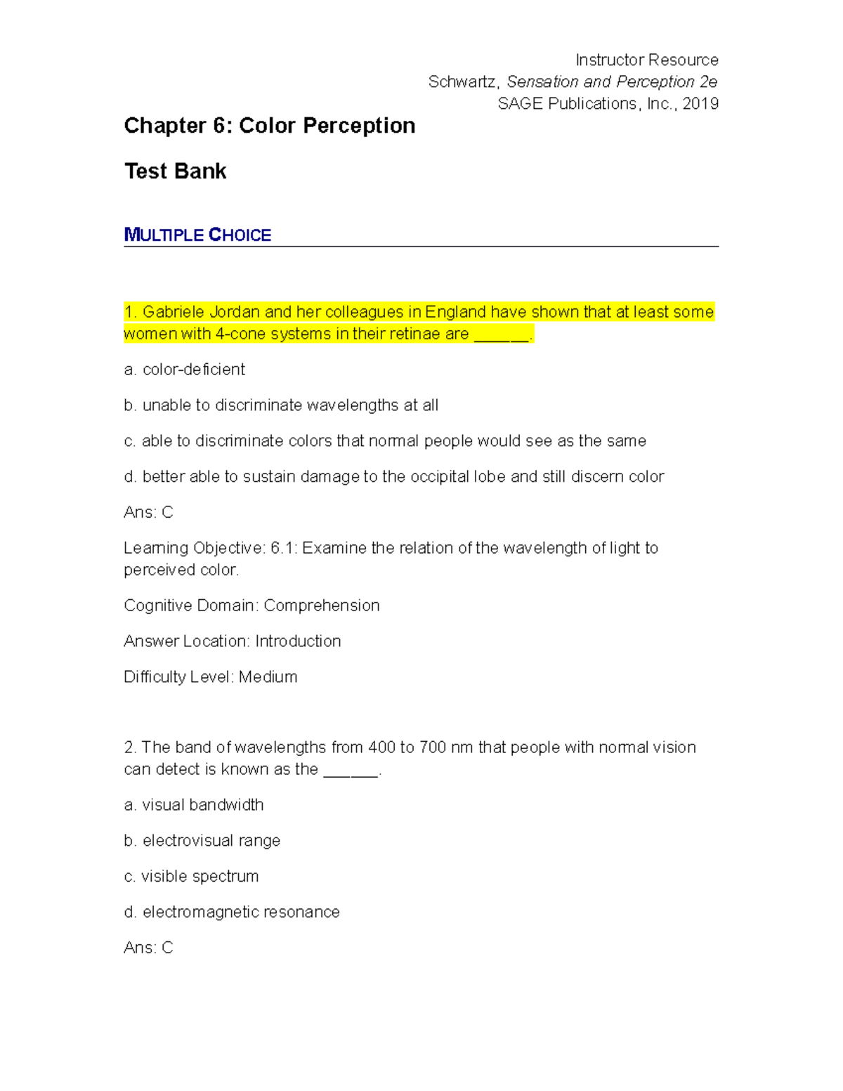 Psych 2115 Chapter 6 Test Bank: Color Perception Insights - Studocu