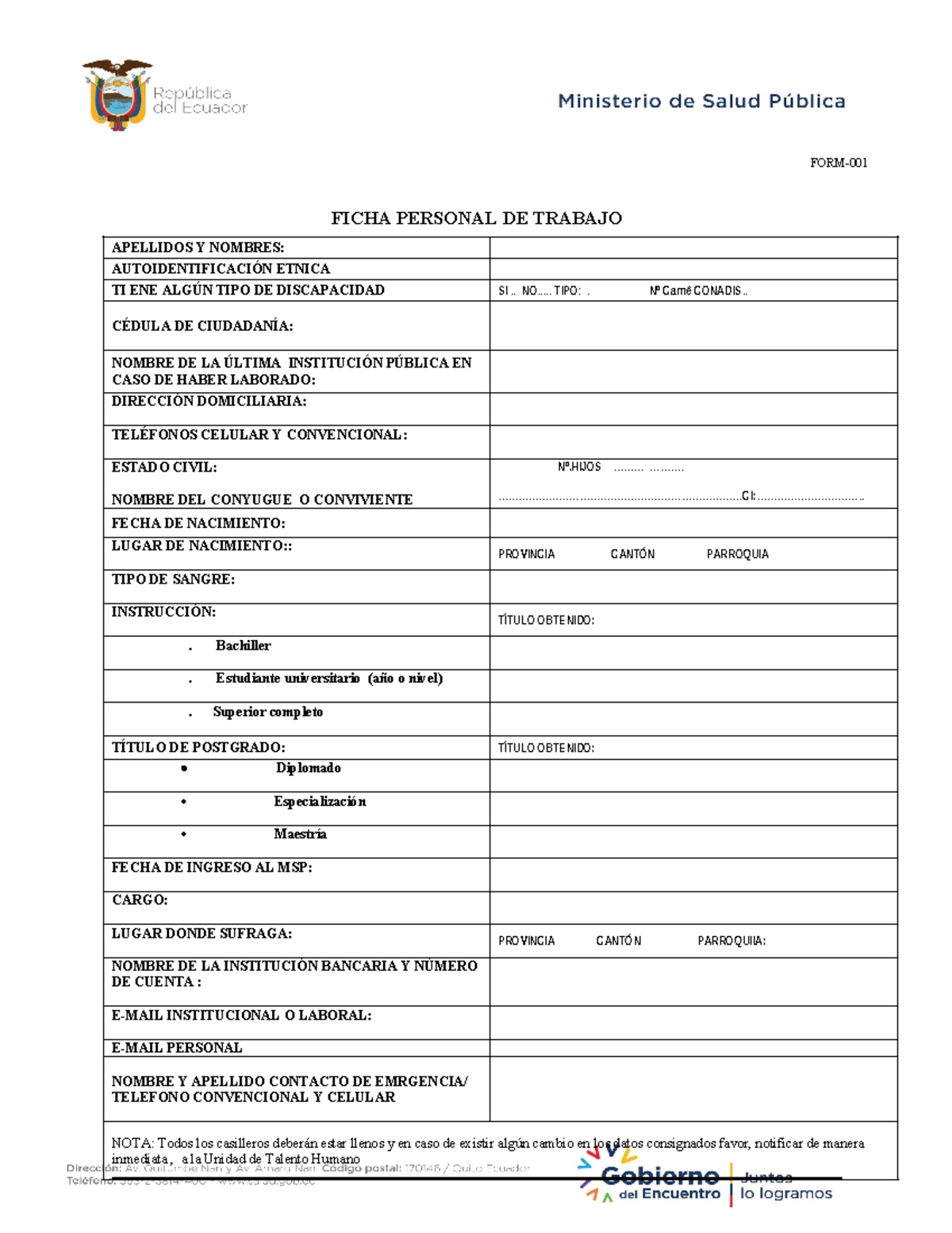 001 Ficha Personal de Trabajo - Datos y Formulario Completo - Document Preview